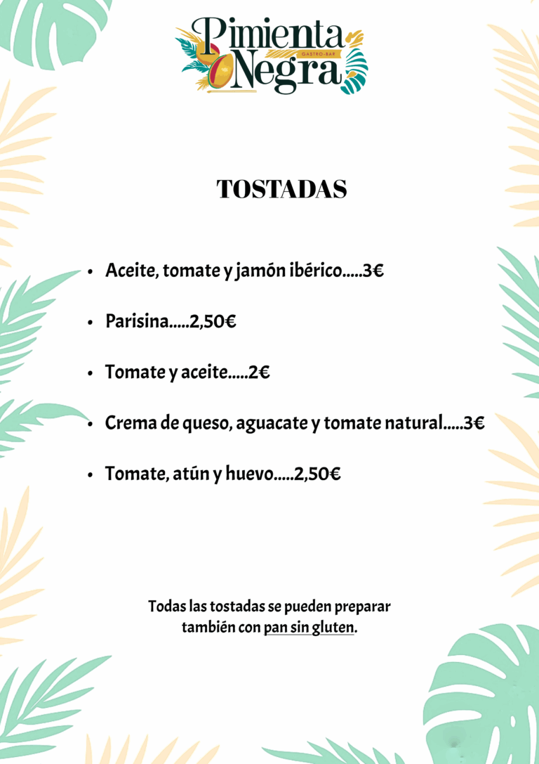 Carta Tostadas Desayunos Pimienta Negra Gastrobar Valdefuentes Cáceres