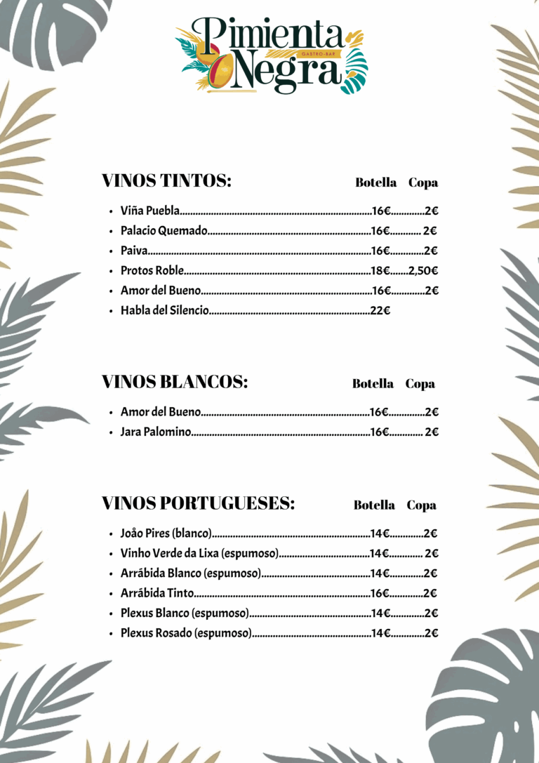 Carta de Vinos servidos en Pimienta Negra Gastrobar en Valdefuentes Cáceres
