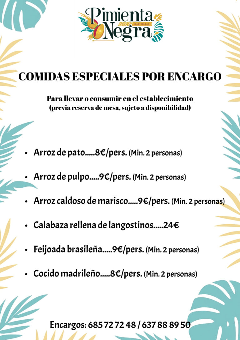 Carta de comida por encargo, Pimienta Negra Gastrobar, Valdefuentes Cáceres
