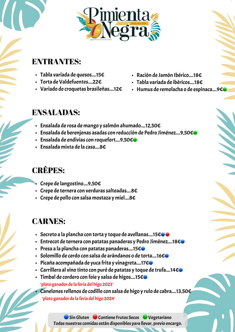 Carta Restaurante Gastrobar Pimienta Negra, comida casera en Valdefuentes, Cáceres | Entrantes | Ensaladas | Crêpes | Carnes