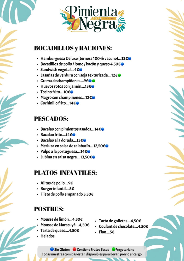 Carta Restaurante Gastrobar Pimienta Negra, comida casera en Valdefuentes, Cáceres | Bocadillos | Raciones | Pescados | Platos infantiles | Postres