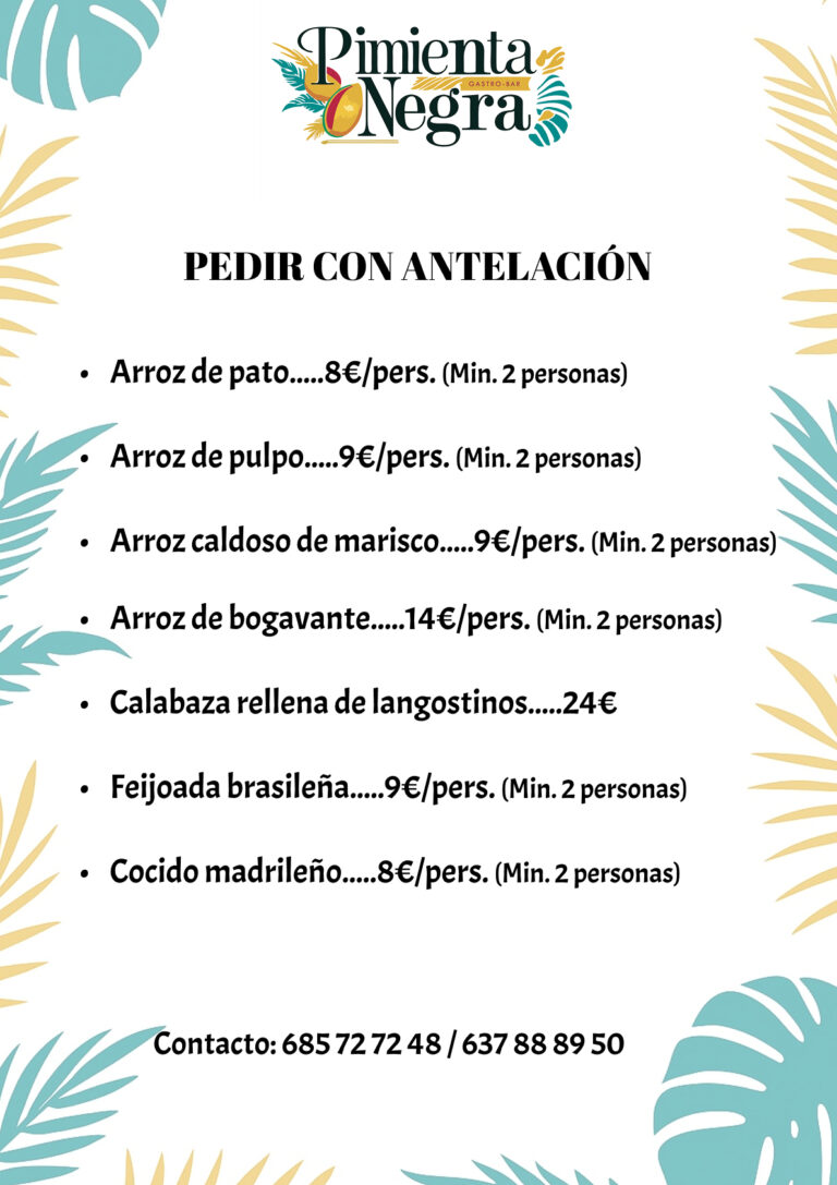 Carta de comida por encargo, arroces y platos especiales, comida casera en Pimienta Negra Gastrobar, Valdefuentes Cáceres